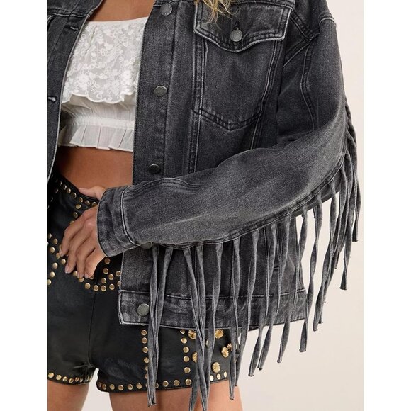 Women's Oversized Fringed Jacket Tassel Jean Jackets Cowgirl Western Denim Grey - Picture 8 of 8